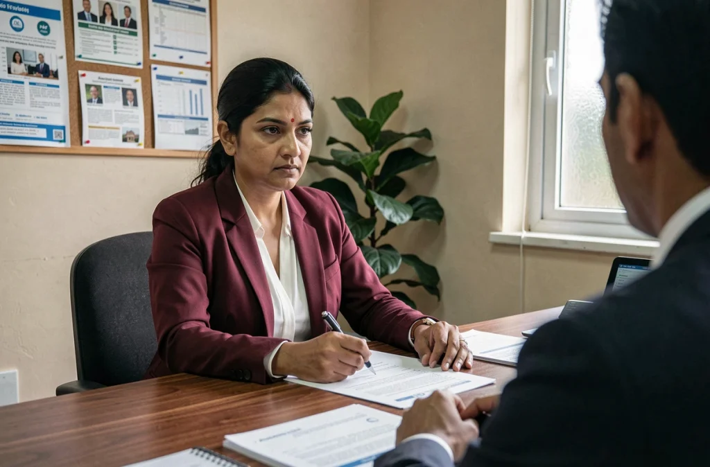 Femme entrepreneur en réunion avec un conseiller de microcrédit dans une agence locale
