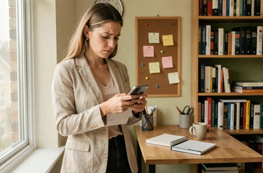 Femme entrepreneuse chez elle vérifiant ses droits lors de sa désinscription de France Travail pour lancer son activité