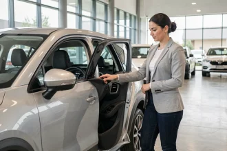 Femme examinant le tableau de bord d'une voiture neuve dans un showroom automobile moderne