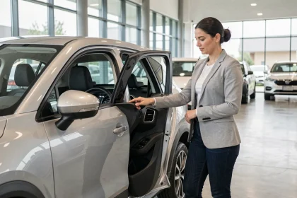 Femme examinant le tableau de bord d'une voiture neuve dans un showroom automobile moderne