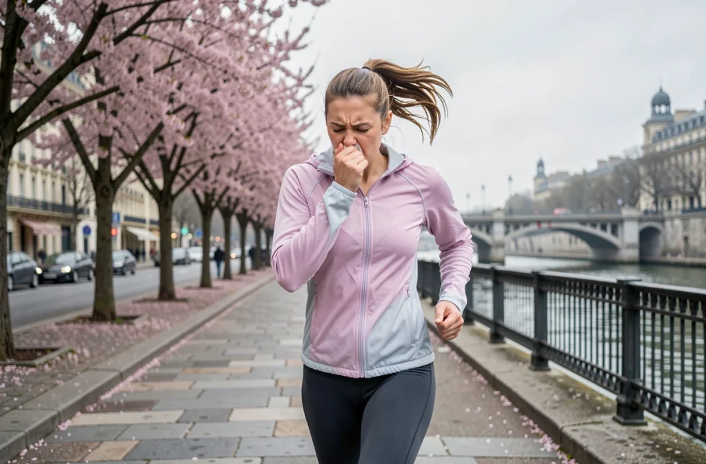 Jeune femme joggant le long des quais en France au printemps, s'arrêtant pour éternuer à cause des pollens d'arbres en fleurs pendant une séance de course à pied