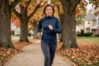 Femme de 45 ans faisant du jogging dans un parc en automne pour prévenir le diabète de type 2 grâce à l'activité physique régulière