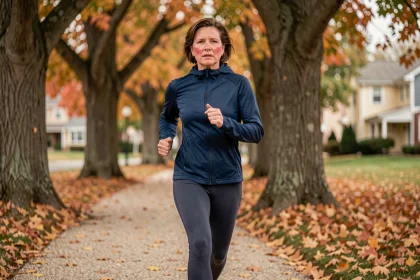 Femme de 45 ans faisant du jogging dans un parc en automne pour prévenir le diabète de type 2 grâce à l'activité physique régulière