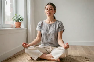 Femme pratiquant la méditation assise sur un tapis en bois dans un espace minimaliste et calme