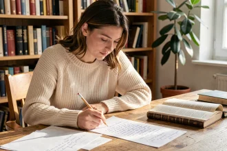 Jeune femme révisant des règles de grammaire française sur des notes manuscrites à son bureau