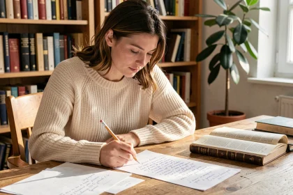 Jeune femme révisant des règles de grammaire française sur des notes manuscrites à son bureau