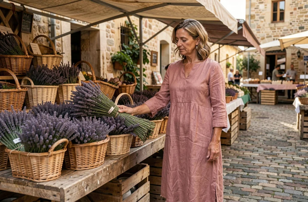 Femme en robe lin rose poudré au marché provençal avec lavande et paniers en osier, style vestimentaire été élégant