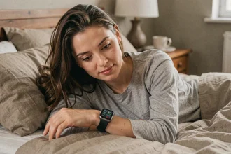 Femme consultant son application de suivi du sommeil sur sa smartwatch au réveil dans sa chambre