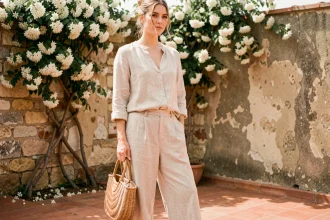 Femme en tenue lin naturel écru sur terrasse ensoleillée avec sol en tomettes et mur en pierre, style canicule élégant