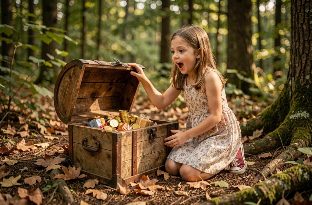 Petite fille découvrant un coffre au trésor dans la forêt lors d'une chasse aux trésors d'anniversaire