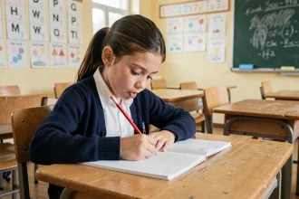 Fillette écrivant un poème acrostiche dans son cahier lors de la rentrée scolaire