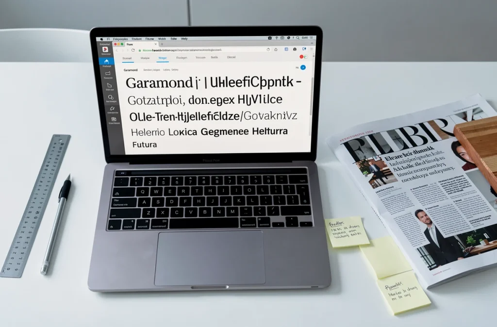 Vue à plat d'un bureau de designer avec ordinateur affichant une comparaison de polices serif et sans-serif, règle typographique et pages de magazine imprimées