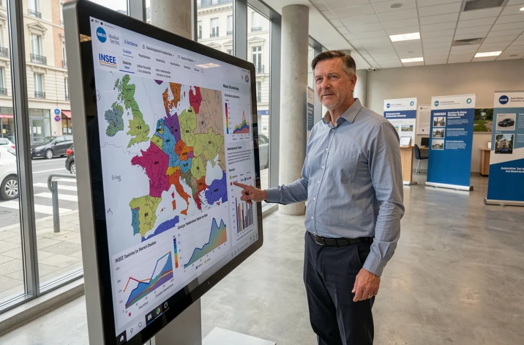 Fonctionnaire consultant une carte interactive des données démographiques INSEE dans un bâtiment administratif français