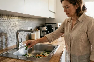 Femme fermant le robinet de cuisine après rinçage des légumes pour économiser l'eau à la maison
