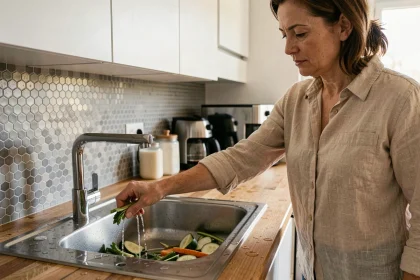 Femme fermant le robinet de cuisine après rinçage des légumes pour économiser l'eau à la maison