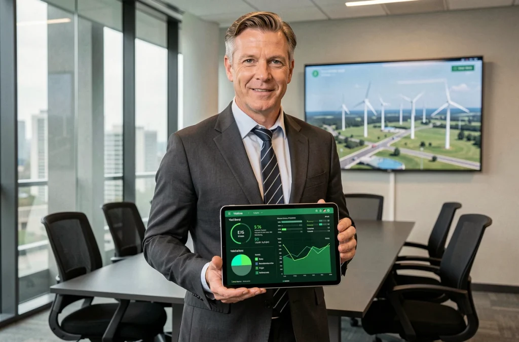 Homme d'affaires consultant un tableau de bord de portefeuille d'obligations vertes sur tablette dans une salle de conférence