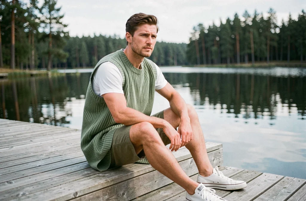Homme en gilet maille oversize vert sauge porté sur un t-shirt blanc devant un lac entouré de pins en été