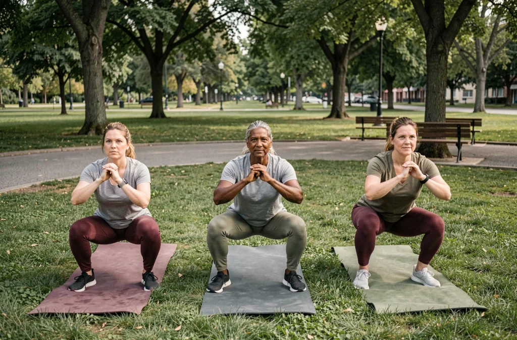 Groupe d'adultes pratiquant un cours de fitness en plein air dans un parc, exercice physique collectif pour prévenir le diabète de type 2