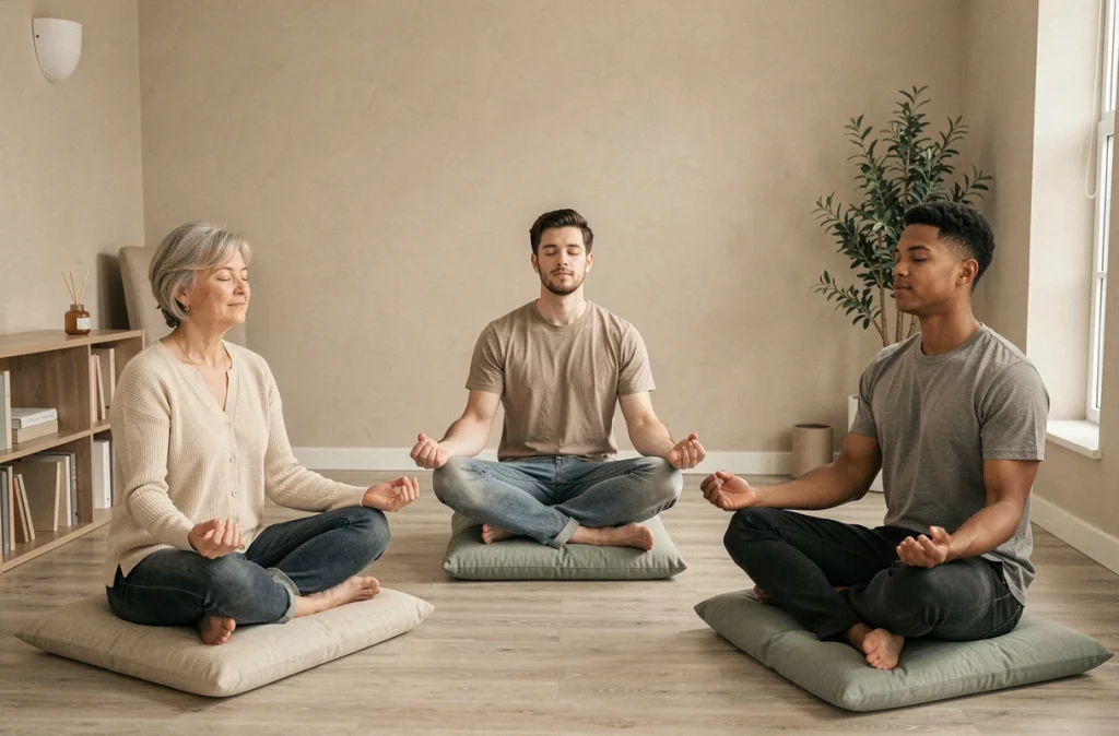 Groupe de patients adultes en séance de méditation guidée dans un espace thérapeutique calme