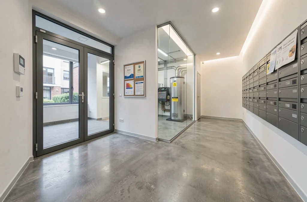 Hall d'entrée rénové d'une copropriété avec nouvelle porte double vitrage et pompe à chaleur performante