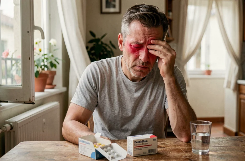 Homme souffrant d'allergie aux pollens chez lui dans une cuisine française, se frottant les yeux rouges avec des médicaments antihistaminiques posés sur la table