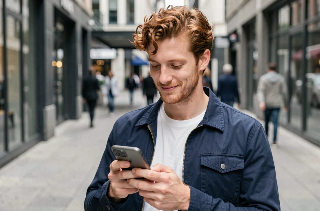 Un jeune homme consulte une application de néobanque sur son smartphone dans une rue urbaine moderne