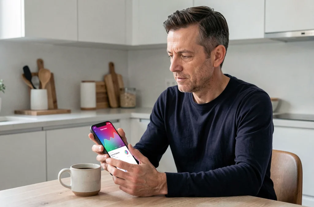 Homme consultant les données de son application de suivi du sommeil sur smartphone le matin à la cuisine
