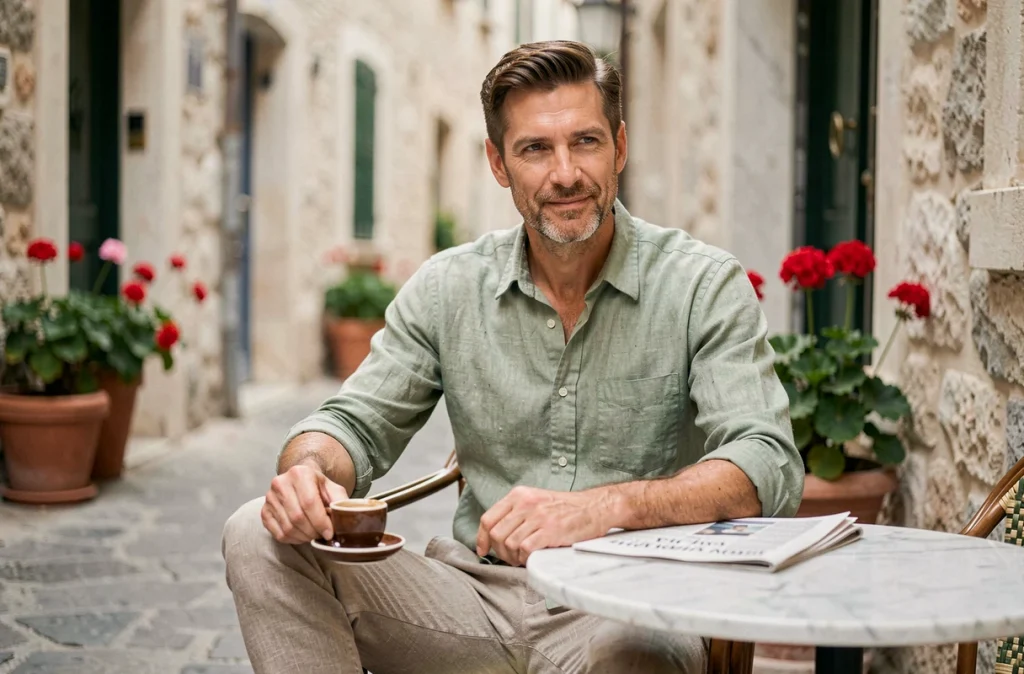 Homme en chemise lin vert sauge assis en terrasse de café village méditerranéen, style décontracté été canicule