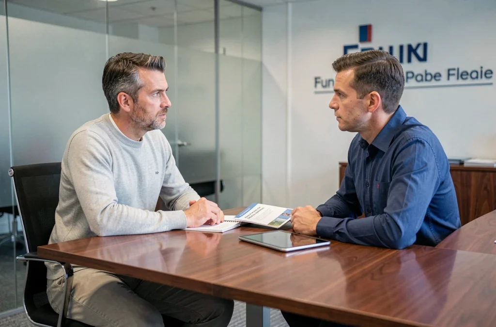 Un homme discutant de son contrat d'assurance vie avec un conseiller bancaire dans une agence moderne en France