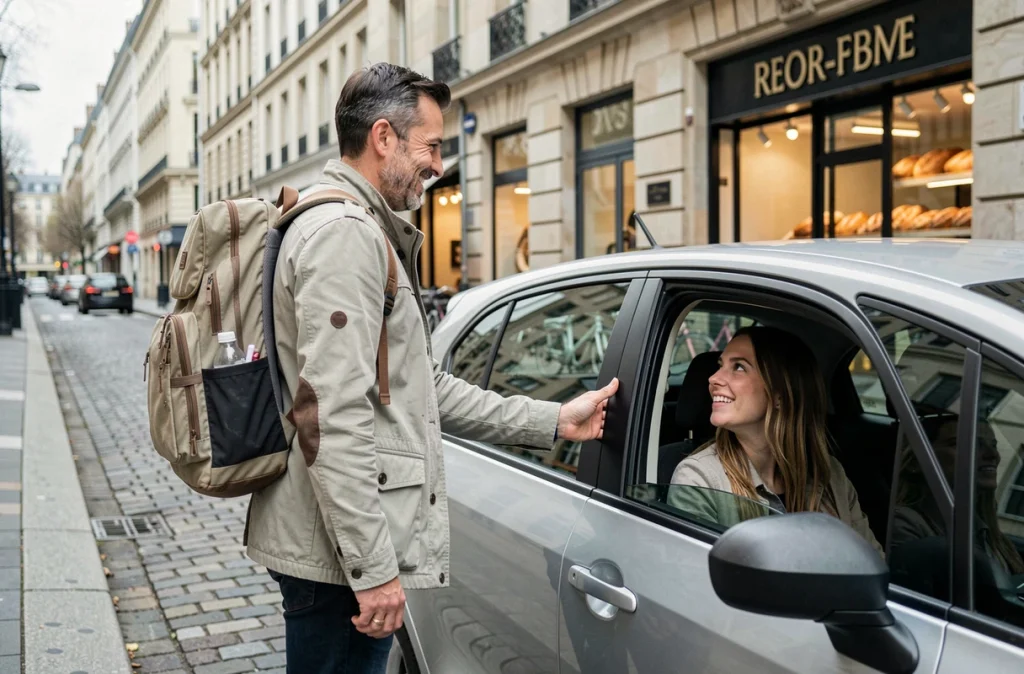 Un homme avec un sac à dos rejoint son covoiturage devant une rue commerçante typique d'une ville française