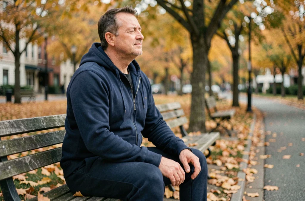 Homme méditant assis sur un banc de parc en automne, expression sereine et apaisée