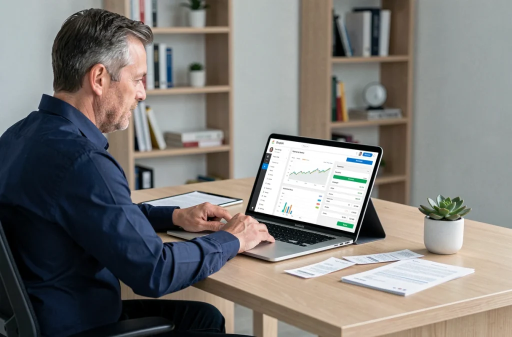 Homme consultant un tableau de bord budgétaire sur ordinateur portable et tablette dans un bureau minimaliste