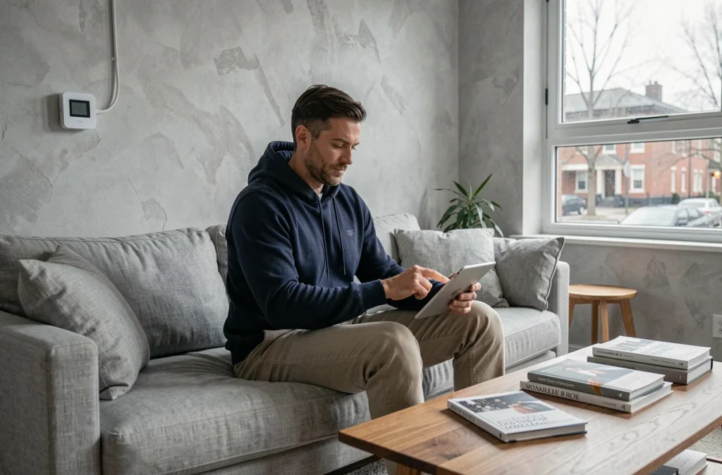 Homme contrôlant des appareils domestiques connectés via une tablette dans un salon contemporain avec thermostat intelligent