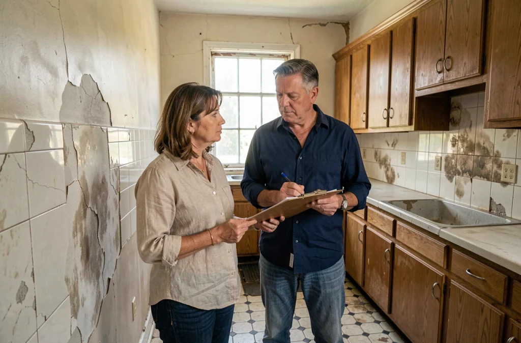 Couple inspectant l'intérieur d'une maison ancienne avant achat, examinant des murs fissurés et une cuisine vétuste