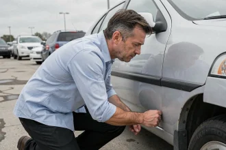 Homme inspectant la carrosserie d'une voiture d'occasion dans un lot de concessionnaire