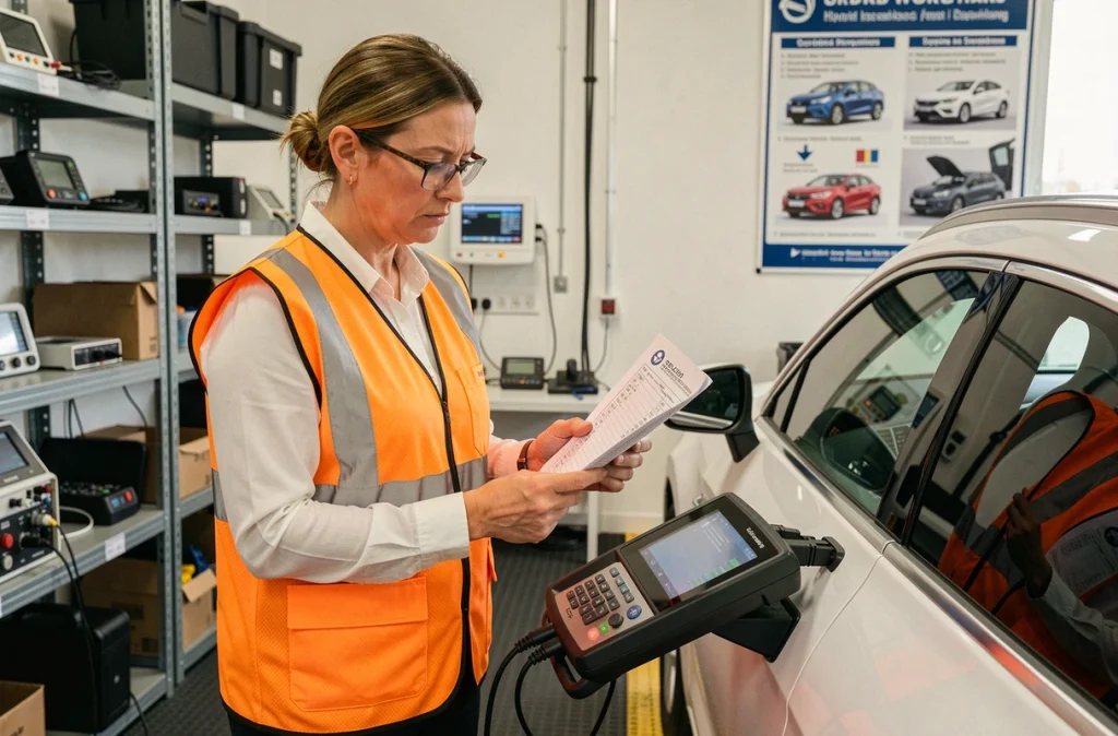 Inspectrice automobile analysant les données de diagnostic d'un SUV hybride rechargeable lors du contrôle technique
