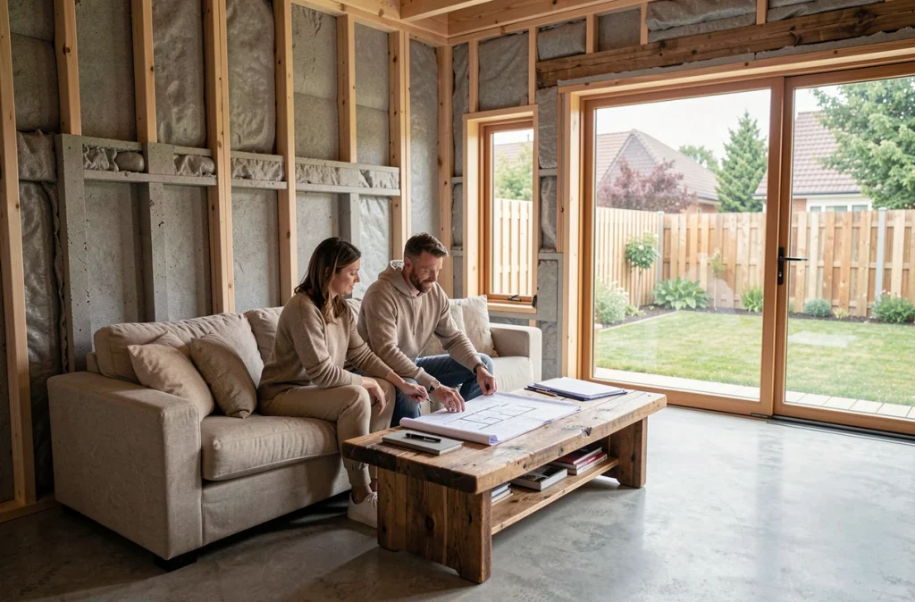 Couple dans le salon d'une maison passive avec matériaux biosourcés, béton poli et grandes fenêtres orientées sud
