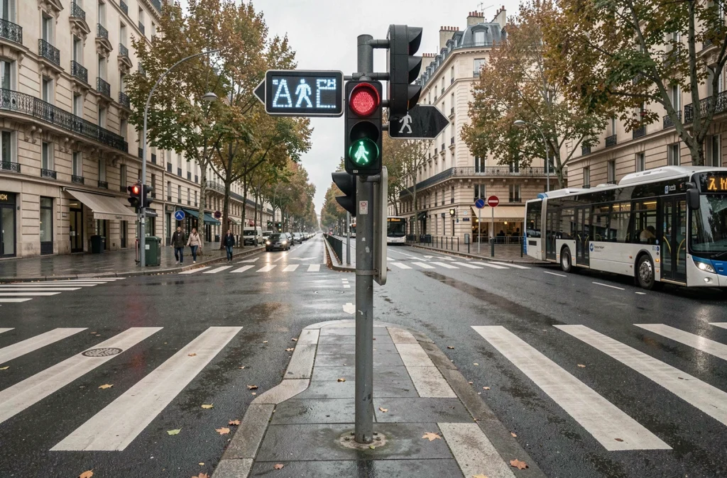 Intersection urbaine française équipée de feux intelligents et panneaux à messages variables pour optimiser la sécurité et la fluidité du trafic
