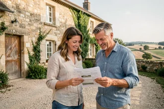 Couple de futurs propriétaires examinant des documents devant une ferme en pierre restaurée dans un village rural français