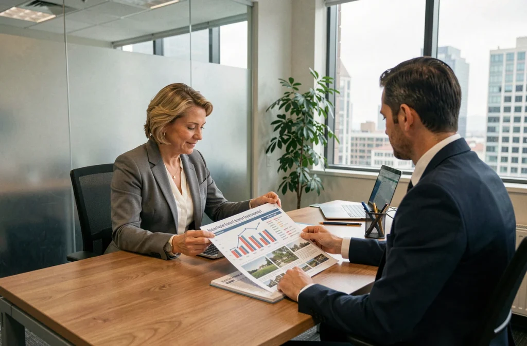 Femme investisseur discutant d'un portefeuille immobilier locatif avec un conseiller financier