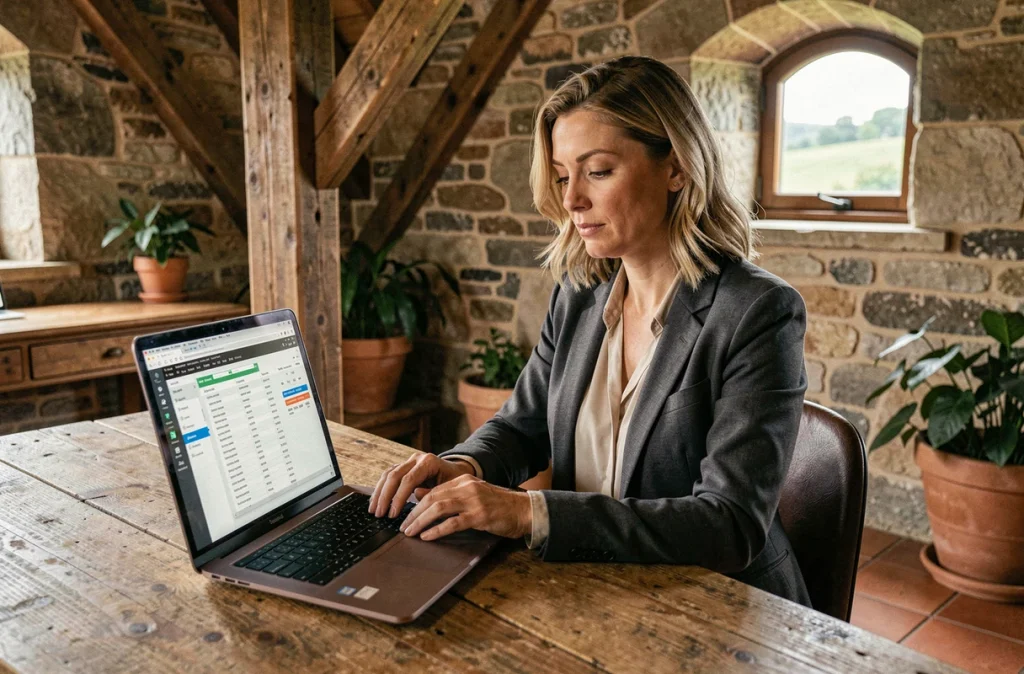 Femme investisseuse analysant des données immobilières sur un ordinateur portable dans un bureau aménagé en grange rustique