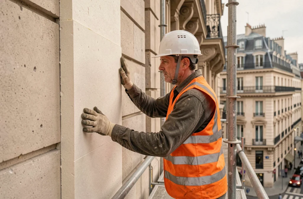 Ouvrier posant des panneaux d'isolation thermique sur la façade extérieure d'un immeuble en copropriété
