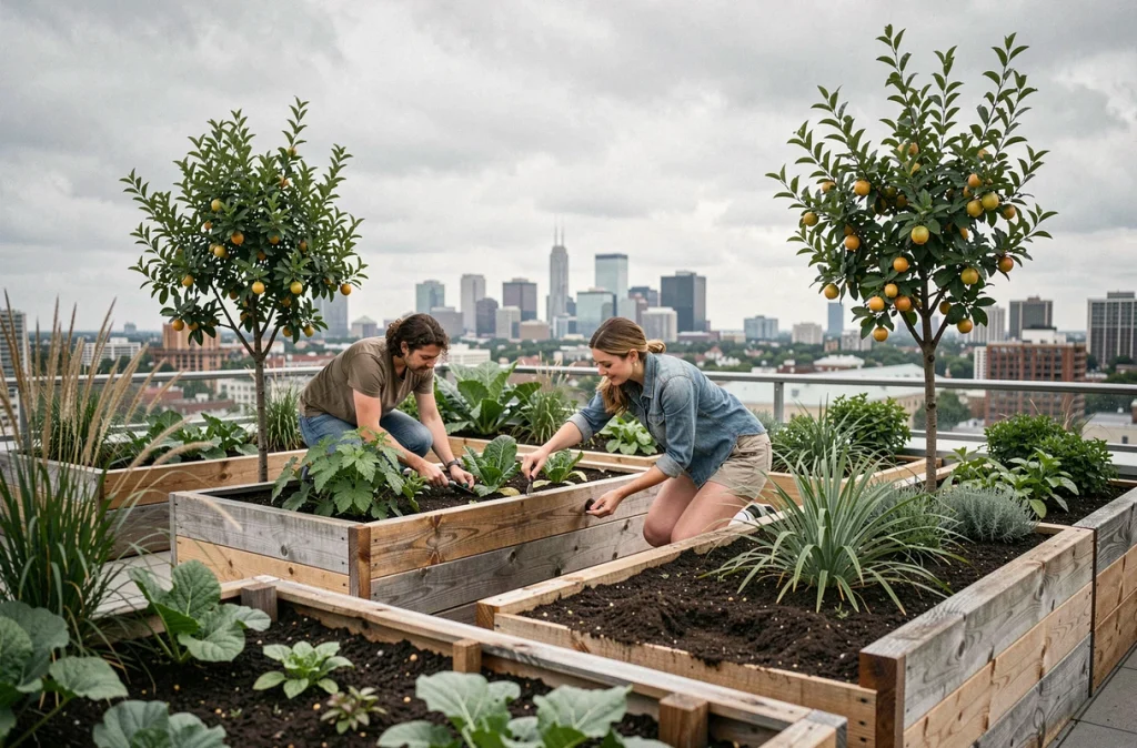 Jardin potager sur toiture terrasse d'un bâtiment résidentiel neuf avec vue sur la skyline urbaine