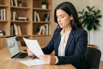 Jeune femme consultant des documents d'assurance vie à son bureau à domicile, illustrant les nouveaux profils d'épargnants en France