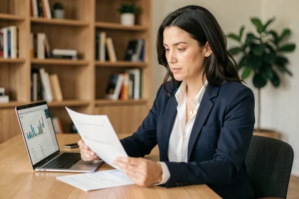 Jeune femme consultant des documents d'assurance vie à son bureau à domicile, illustrant les nouveaux profils d'épargnants en France