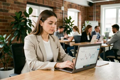 Jeune femme active consultant des placements responsables sur un ordinateur portable dans un espace de coworking moderne
