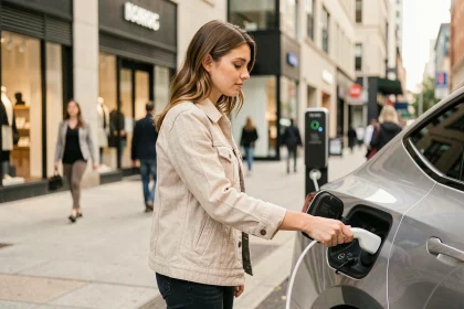 Jeune femme branchant un câble de recharge sur une voiture électrique en ville