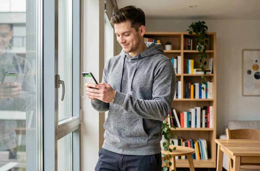 Jeune homme consultant une application de finance responsable sur smartphone depuis son appartement
