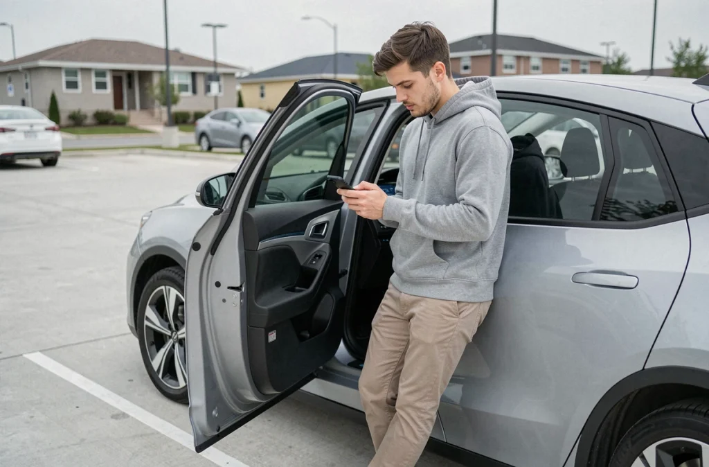 Jeune homme utilisant une application mobile de recharge appuyé contre sa voiture électrique