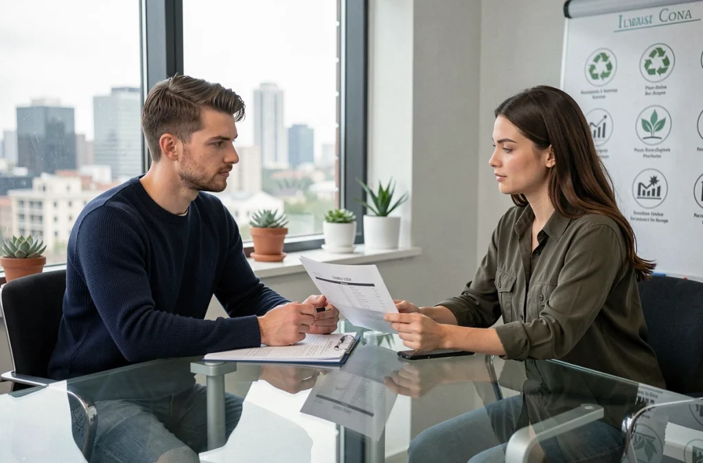 Deux jeunes actifs discutant de placements éthiques et responsables avec un conseiller financier en bureau